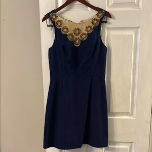 Lilly Pulitzer Blue and Gold Embellished A-Line Dress